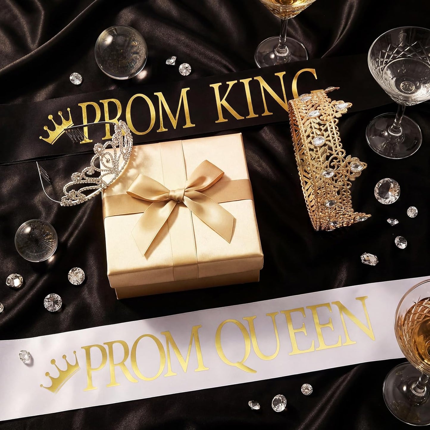 Lyrow 4 Pcs Prom King and Queen Crown Set, Prom King Crown with Sash for Graduation, Queen Tiara with Sash for Grad Couple Accessories Homecoming Birthday Party(Cute,Black,White)