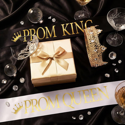 Lyrow 4 Pcs Prom King and Queen Crown Set, Prom King Crown with Sash for Graduation, Queen Tiara with Sash for Grad Couple Accessories Homecoming Birthday Party(Cute,Black,White)