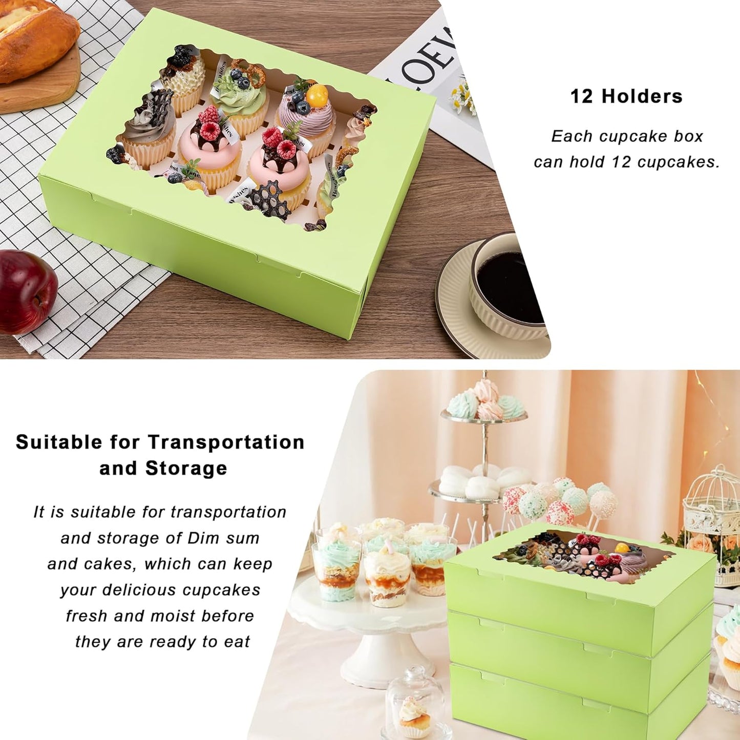 Hoewina 6PCS Cupcake Boxes - Hold 12 Count Cupcake Containers with Window, Food Grade Cupcake Holder Easy Transport and Presentation - Ideal for Cupcakes, Desserts, and More
