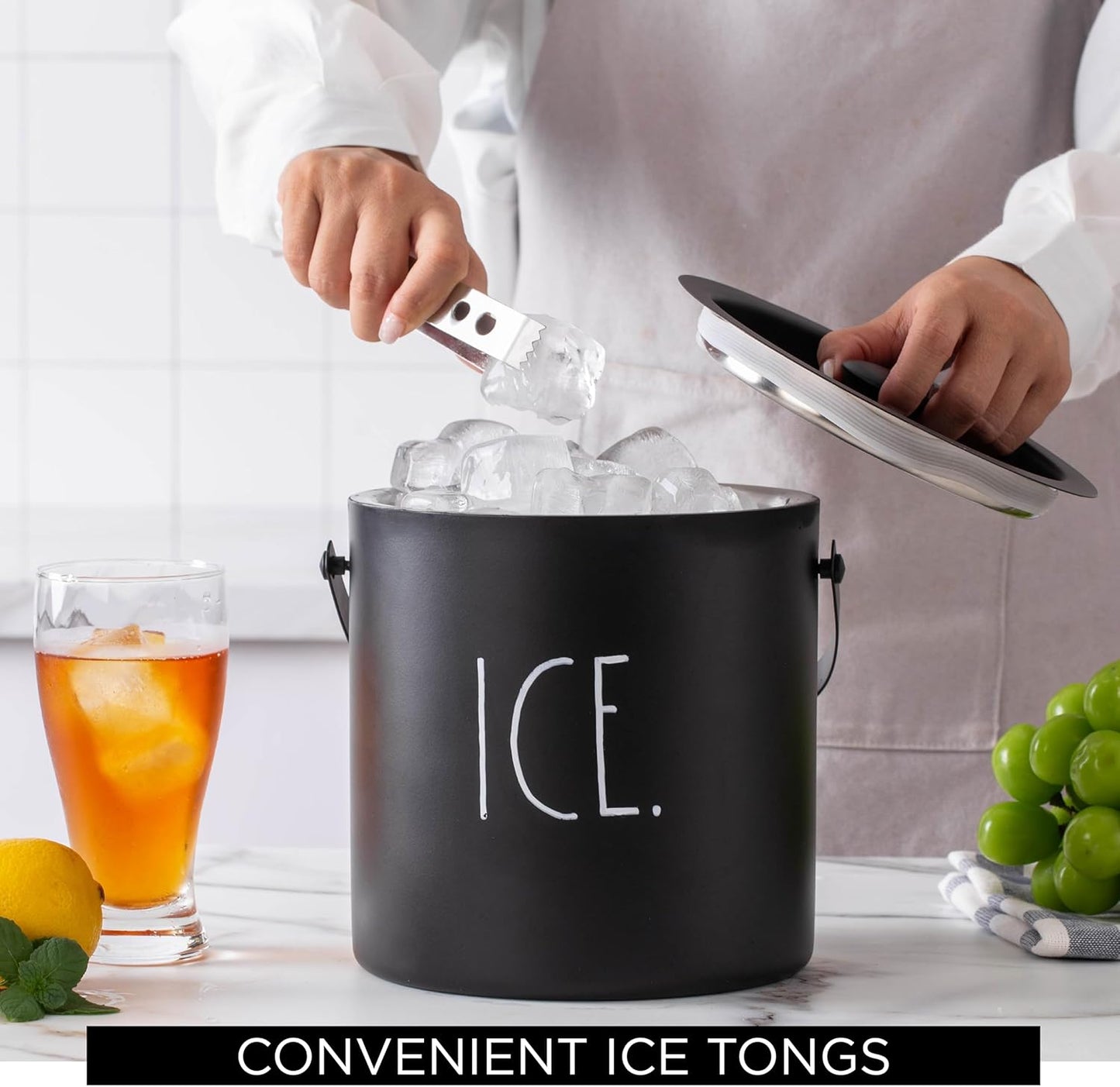 Rae Dunn Ice Bucket with Scoop - Stainless Steel Bucket with Handle, Lid and Ice Scooper - 4 Qt. Storage Bin for Ice Cubes for Bars, Parties, Backyard Barbeques, Picnics, and Camping (Sage)