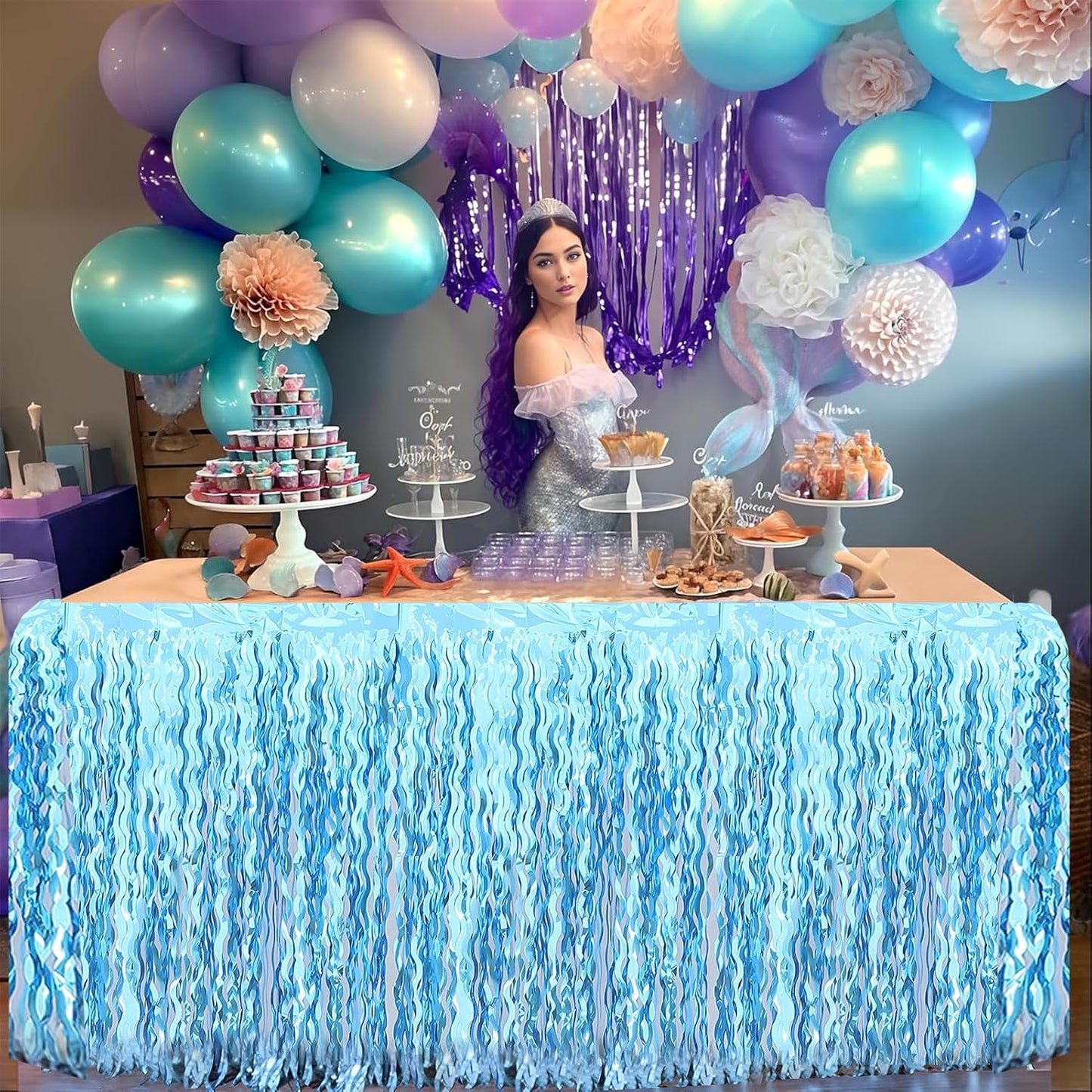2 Pack Teal Blue Shiny Wavy Tinsel Foil Fringe Table Skirts Table Decorations for Mermaid Birthday Decorations,Under The Sea Party Decorations,Baby Shark Birthday Decorations