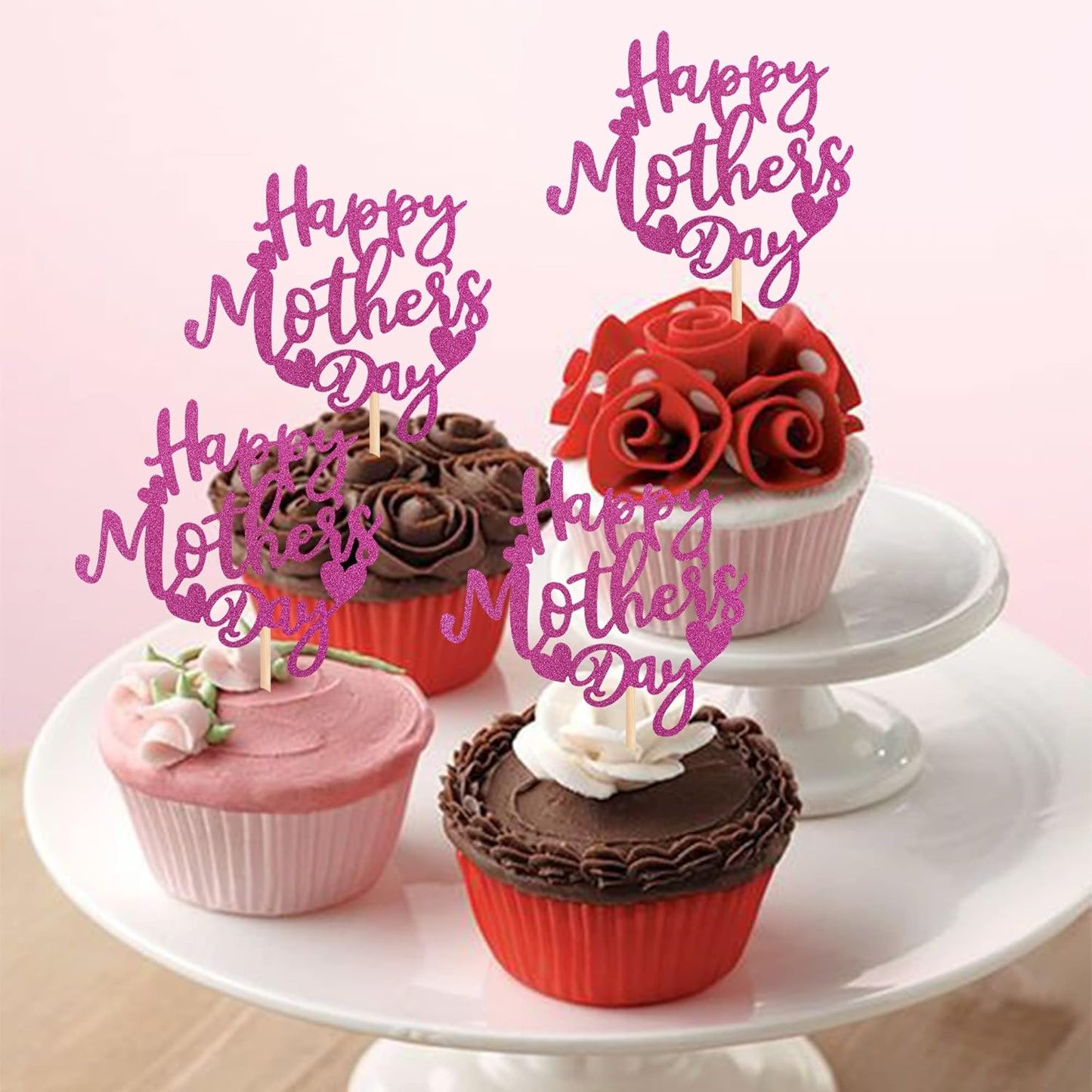 24 PCS Happy Mother's Day Cupcake Toppers with Glitter Heart Love Mother Best Mom Cupcake Picks for Happy Mother's Day Theme Women Birthday Party Cake Decorations Supplies Rose Gold