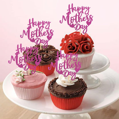 24 PCS Happy Mother's Day Cupcake Toppers with Glitter Heart Love Mother Best Mom Cupcake Picks for Happy Mother's Day Theme Women Birthday Party Cake Decorations Supplies Rose Gold