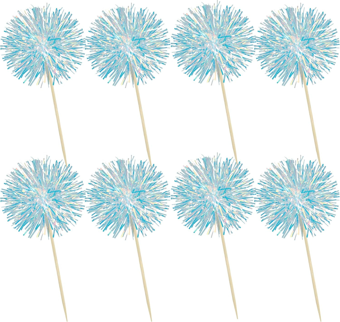 Ephlyn 30Pcs Foil Firework Cupcake Toppers Sparkle Tinsel Cupcake Picks Drink Stirrers Cocktail Food Fruit Toothpicks for Baby Shower Graduation Party Supplies White