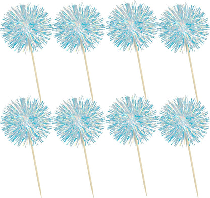 Ephlyn 30Pcs Foil Firework Cupcake Toppers Sparkle Tinsel Cupcake Picks Drink Stirrers Cocktail Food Fruit Toothpicks for Baby Shower Graduation Party Supplies White