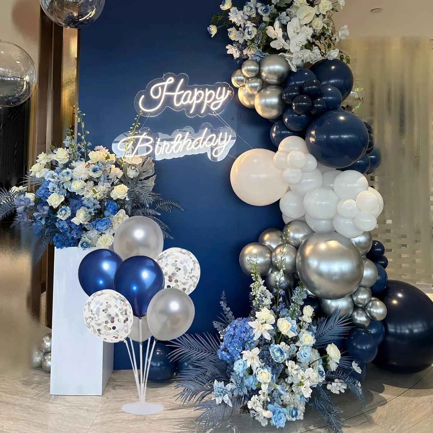 4 Set Balloon Stand Kit for Table Centerpieces With Balloon and Base Party Decorations for Birthday Wedding Retirement Graduation Baby Shower (Navy Silver)