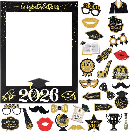Tinlade 33 x 25 Inch Graduation Photo Booth Props - Large Graduation Photo Prop Frame with 30 Pcs Grad Selfie Photos Booth Props for Class of 2026 Congrats Grad Party Supplies for College High School