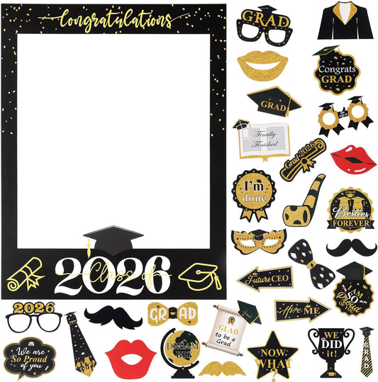 Tinlade 33 x 25 Inch Graduation Photo Booth Props - Large Graduation Photo Prop Frame with 30 Pcs Grad Selfie Photos Booth Props for Class of 2026 Congrats Grad Party Supplies for College High School