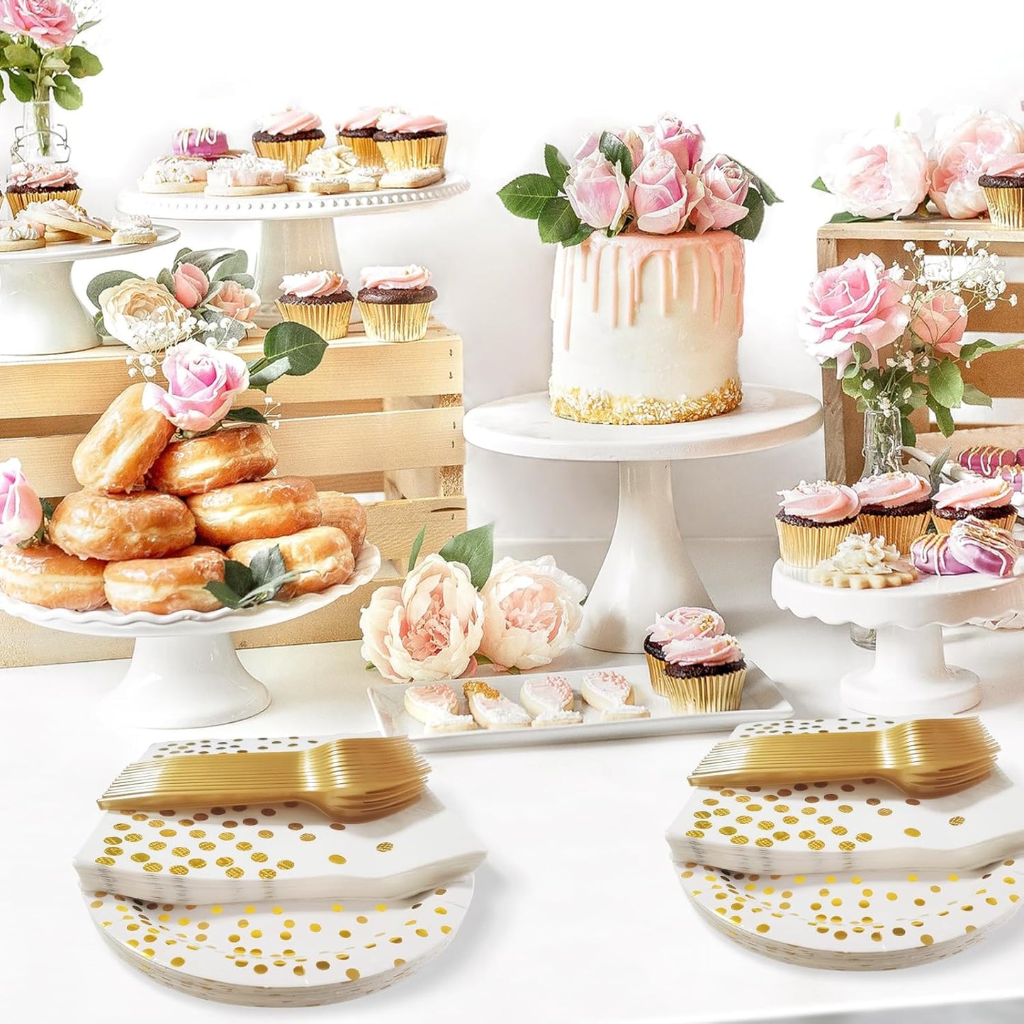 White and Gold Paper Plates Napkins Party Supplies,Disposable Gold Dot Paper Dessert Plates,105 PCS Birthday Plates and Napkins Party Supplies for Wedding(Serves 35 Guests 7")