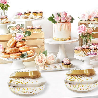 White and Gold Paper Plates Napkins Party Supplies,Disposable Gold Dot Paper Dessert Plates,105 PCS Birthday Plates and Napkins Party Supplies for Wedding(Serves 35 Guests 7")