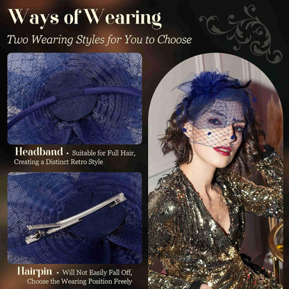Fascinators Hats for Women Tea Party Hat Feather Mesh Headband Vintage Lace Cocktail Headwear Veil Hair Clip Church