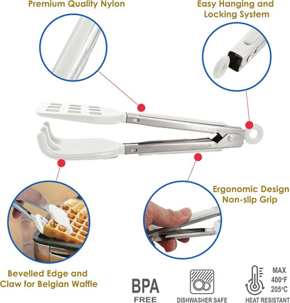 Mini Waffle Tongs by StarBlue Green – 8 Inches Silicone and Nylon Serving Tongs with Non-Slip Smooth Handles, Non-Scratch and Dishwasher Safe, Multipurpose Spatula for Belgian Waffle Serving