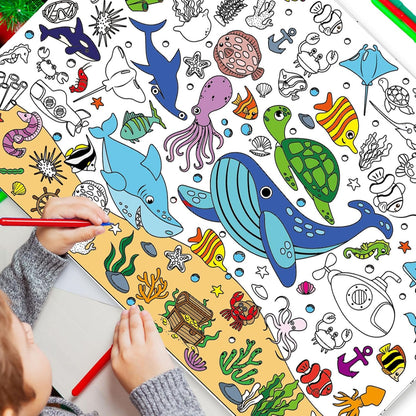 AUGSUN 2 PCS Giant Summer Activity Coloring Poster, Under The Sea Large Coloring Tablecloth Ocean Animals Giant Color-in Paper Table Cover for Kids School Classroom Wall Birthday Crafts Supplies
