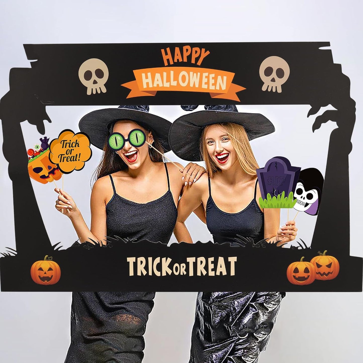 Lucleag Halloween Photo Booth Props Kit, 24Pcs Photo Props & Selfie Frame for Photos Decor, Ghost Bat Pumpkin Spider Photo Props for Halloween Decor Trick or Treat Party Supplies