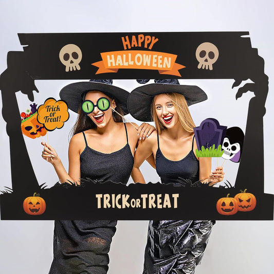 Lucleag Halloween Photo Booth Props Kit, 24Pcs Photo Props & Selfie Frame for Photos Decor, Ghost Bat Pumpkin Spider Photo Props for Halloween Decor Trick or Treat Party Supplies