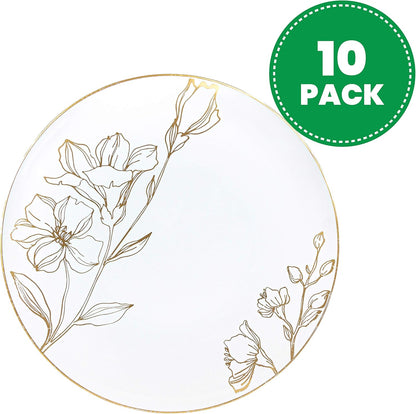 PLASTICPRO [16 OZ 20 Count] White Plastic Floral Design Party Soup bowls With Gold Rim Premium heavyweight Elegant Disposable Tableware Dishes