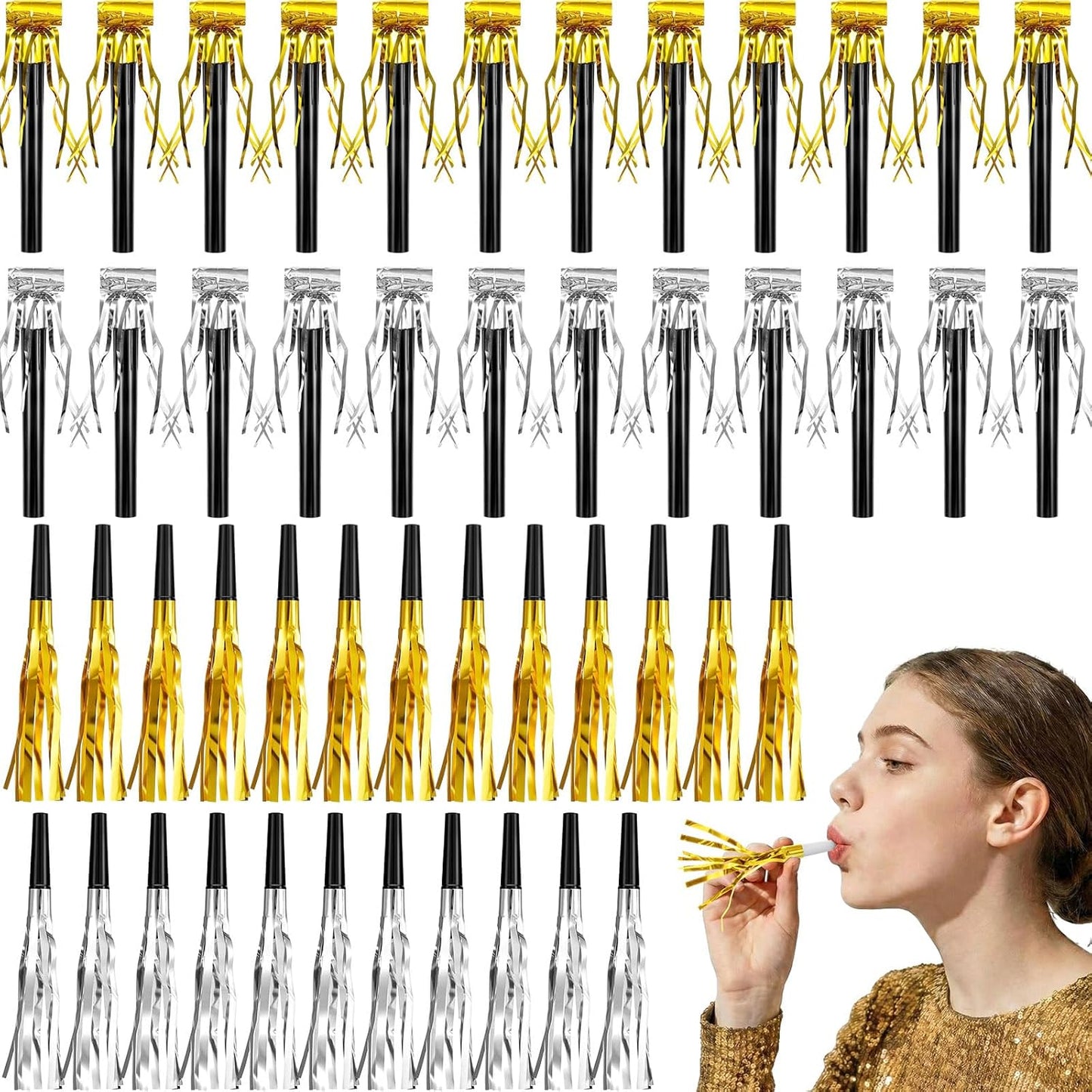 Skylety 48 Pcs Noise Makers Glitter Noise Makers Metallic Fringed Party Blowers Noisemakers Horns for Adults Birthday Graduation Sporting Events 2026 New Years Party Favor Supplies (Gold)