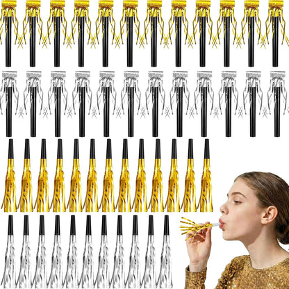 Skylety 48 Pcs Noise Makers Glitter Noise Makers Metallic Fringed Party Blowers Noisemakers Horns for Adults Birthday Graduation Sporting Events 2026 New Years Party Favor Supplies (Gold)