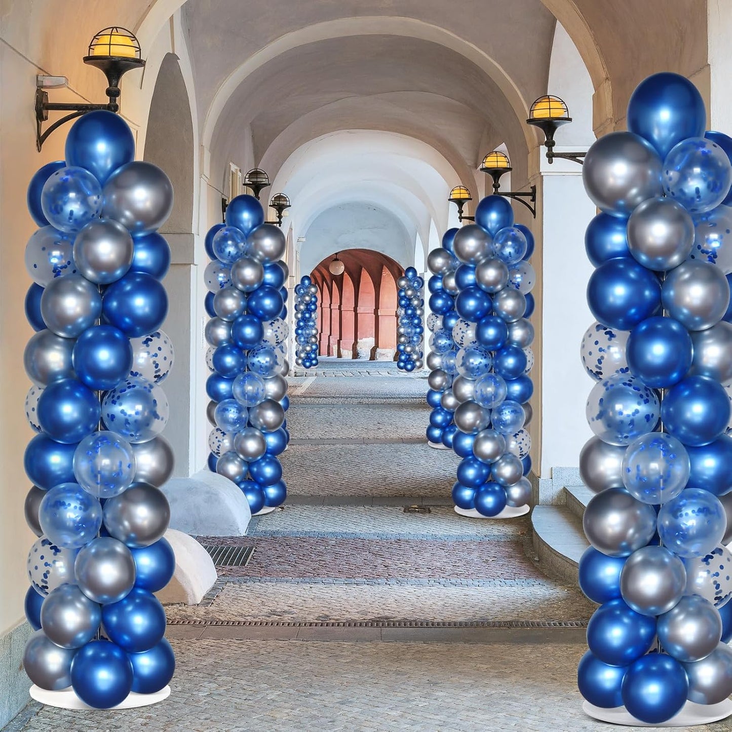 2 Sets Balloon Column Stand Kit with 100 Balloons Adjustable Balloon Tower Stand with Bases for Floor Balloons Column Kit for 2026 Graduation Birthday Appreciation Party Decor Navy Blue and Silver