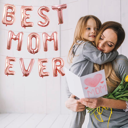 16 Inches Best Mom Ever Balloons Hanging Banner Decorations, Rose Gold Aluminum Foil Letter Balloons for Mother's Day Birthday Baby Shower Gender Reveal Party Supplies