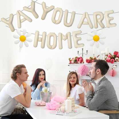 Welcome Home Banner Decorations Balloons - 3 Pcs Beige Pre-Strung Yay Youre Home Foil Letter Balloon Banner Decoration for Baby Welcome Back Housewarming Family Reunion Party Decor