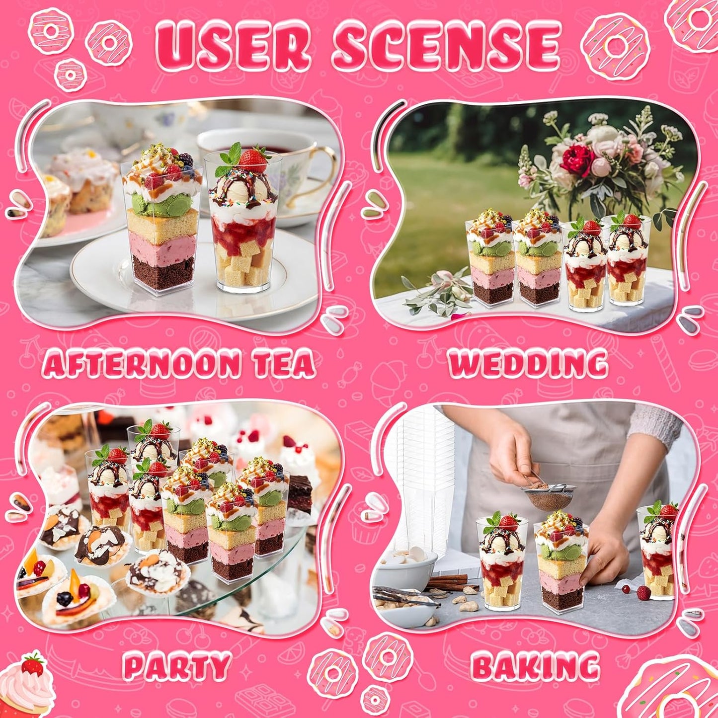 Uiifan 500 Pack 3 oz Mini Dessert Cups Tall Clear Plastic Parfait Cups for Desserts, Appetizers, Mousse Chocolate Dessert(Square Shape)