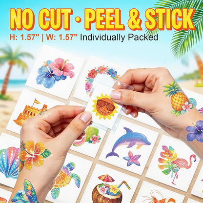 96 PCS Glitter Hawaiian Pre-Cut Temporary Tattoos, Tropical Fake Tattoo Stickers for Luau Party, Aloha Theme, Beach Summer Party Decorations & Party Favors