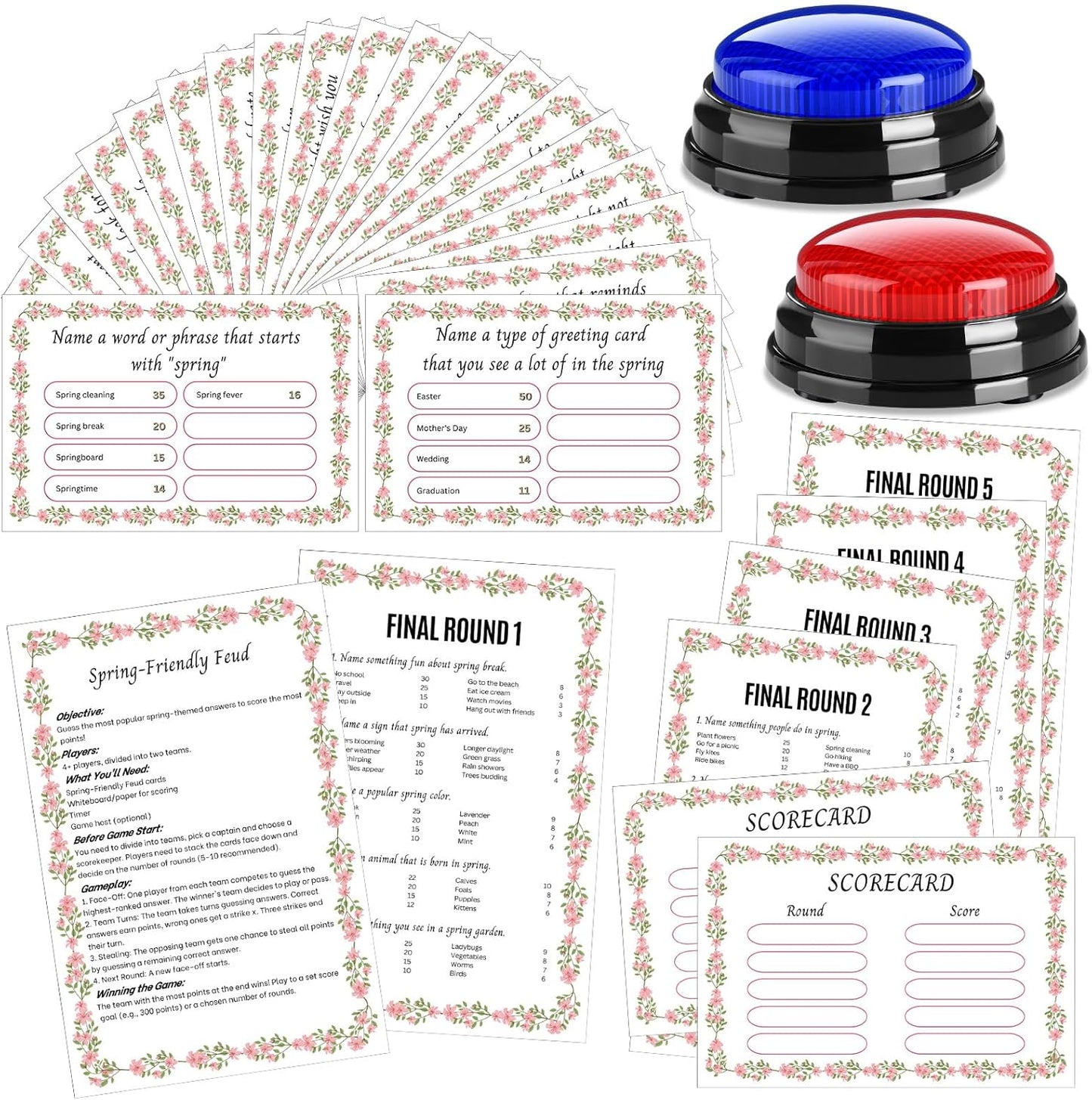 20 Pcs Retirement Friendly Feud Game Set Retirement Party Game Trivia Quiz with 18 Card 2 Buzzer for Adults Family Games Activities Party Supplies, Battery Not Included