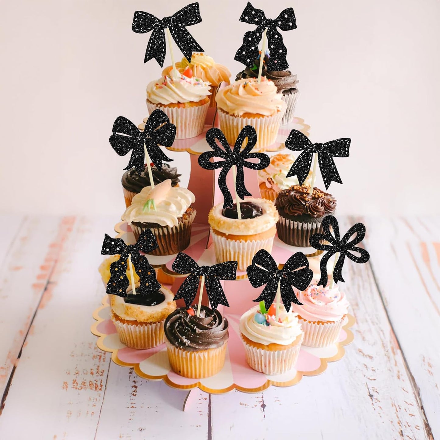 Ephlyn 24Pcs Pink Bow Cupcake Toppers Bow Birthday Cake Topper Girls Birthday Party Decorations Bowknot Cupcake Decorations for Bridal Wedding Themed Party Multi