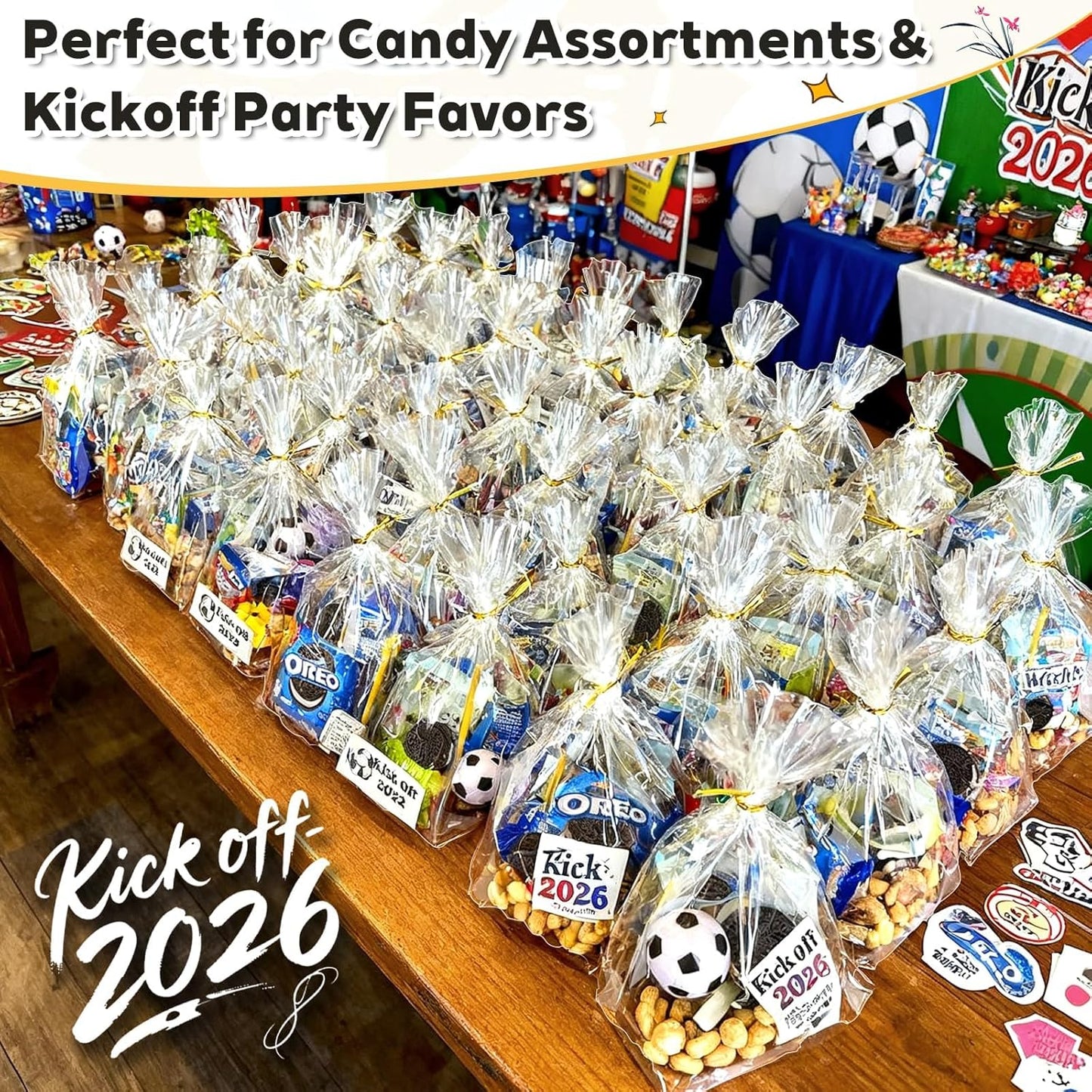 PigPotParty Cellophane Treat Bags 6x9 Inch, 50 Pack Clear Goodie Bags with Bottom Gusset for Stand-Up Display, Small Plastic Gift Wrap for Cookies, Candy, Party Favors, Popcorn, Includes 50 Gold Ties