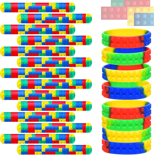 Civaner 48 Pieces Building Blocks Party Favors Building Block Slap Bracelets Silicone Wristband Color Brick Party Slap Bracelet for Colorful Birthday Party Favors