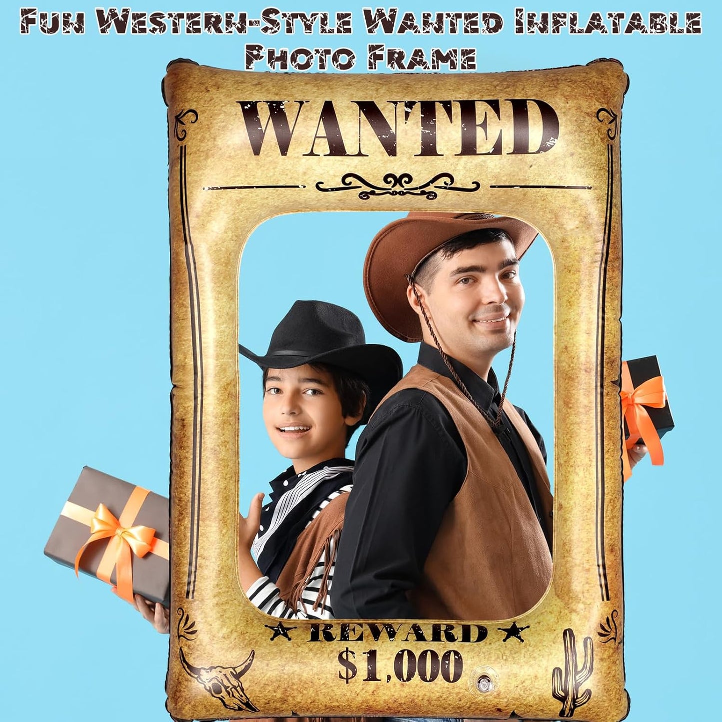 VioraWhite Western Wanted Party Decorations Western Wanted Photo Frame 27 Inches Fun Inflatable Photo Frame 3D Wild West Selfie Backdrop for Cowboy Theme Events Cowboy Birthday Party