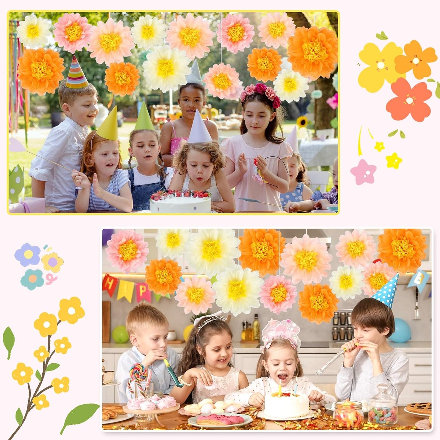 BestoFun 14 PCS Orange & Hot Pink Tissue Paper Flowers – Vibrant Party Decorations for Birthday, Baby Shower, Wedding, Fiesta, and Holiday Events