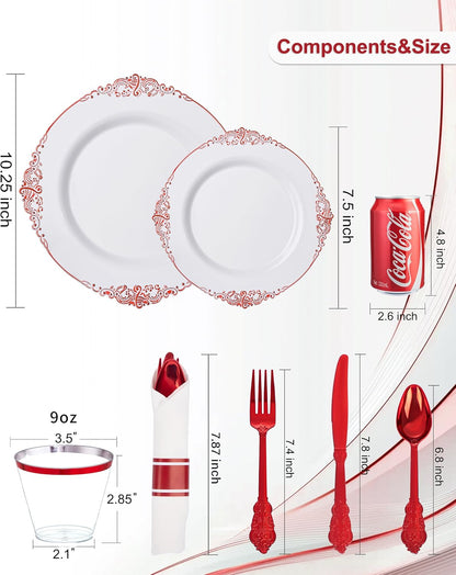 Nervure 350PCS Gold Plastic Plates - Gold Plastic Dinnerware Sets for 50 Guests - 100 Disposable Plates, 150 Silverware, 50 Cups, 50 Napkins for Wedding & Party & Mothers Day