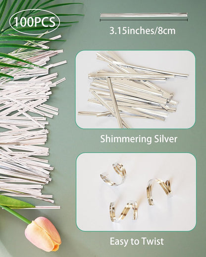 4-inch White Lollipop Sticks and Bags Set, 100Pcs Paper Candy Sticks,100Pcs Clear Bags, 100Pcs Twist Ties for Hard Candy, Chocolate, Cookie, Dessert (Gold)