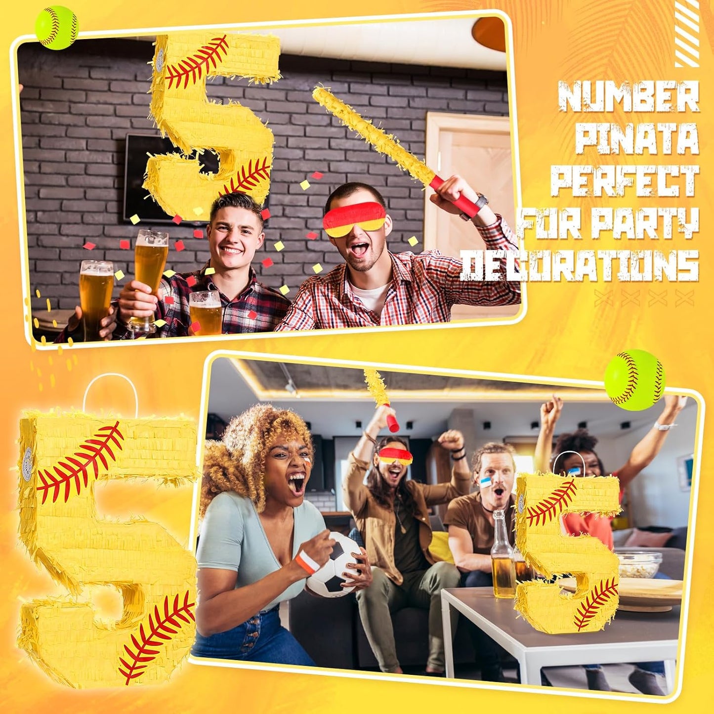 Soulchen Softball Number Piñata Set 16 Inch Yellow Softball Piñata with Blindfold Bat Confetti for Ball Sports Themed Birthday School Party Supplies Outdoor Game Decoration(Number 5)