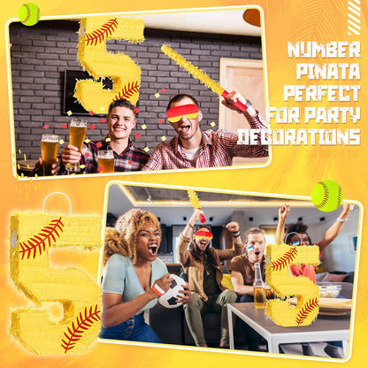 Soulchen Softball Number Piñata Set 16 Inch Yellow Softball Piñata with Blindfold Bat Confetti for Ball Sports Themed Birthday School Party Supplies Outdoor Game Decoration(Number 5)