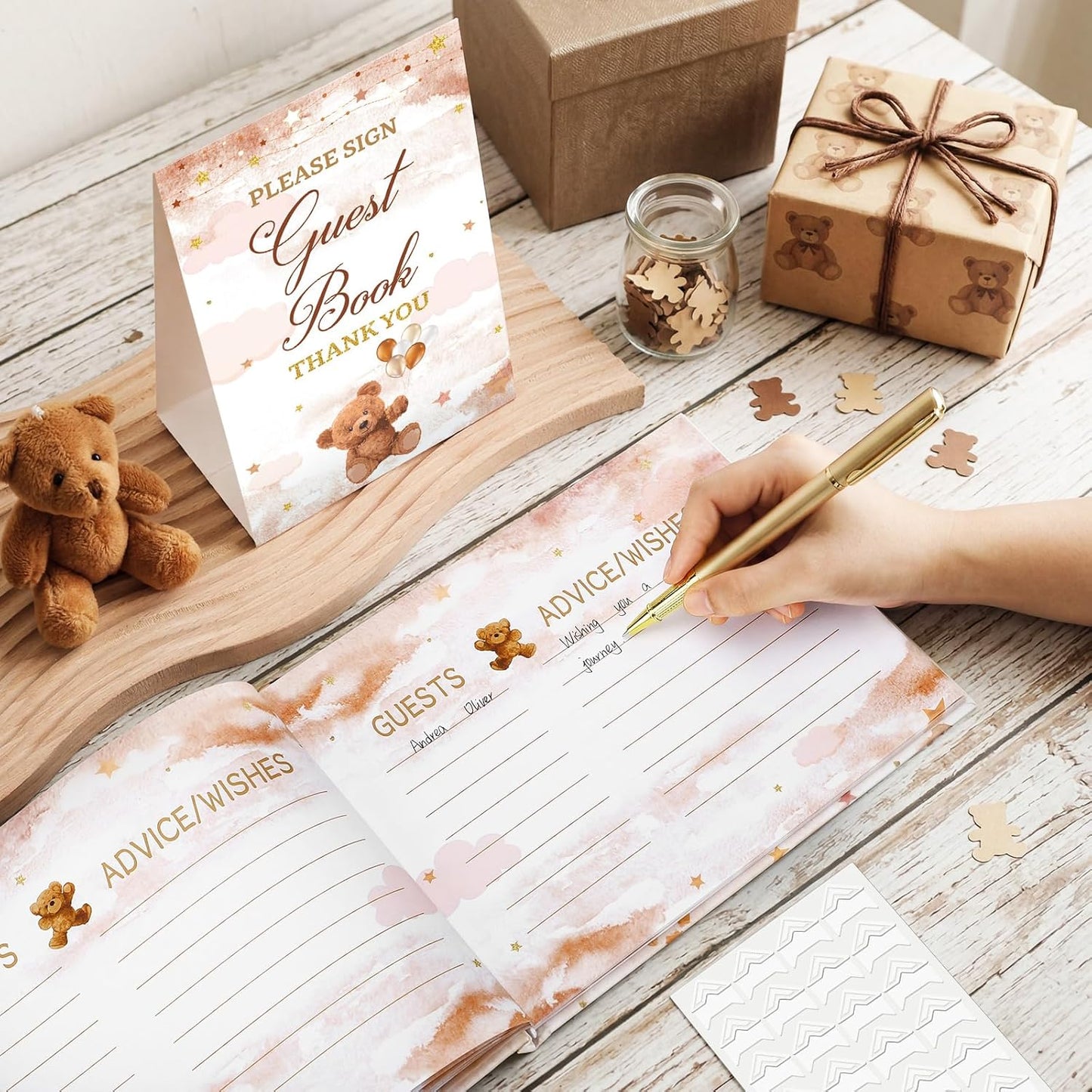 Fuyoooo 27 Pcs Safari Animal Baby Shower Guest Book Set Baby Shower Sign in Guest Floral Book Place Table Cards with Gold Pen Adhesive Photo Corner for Birthday Party