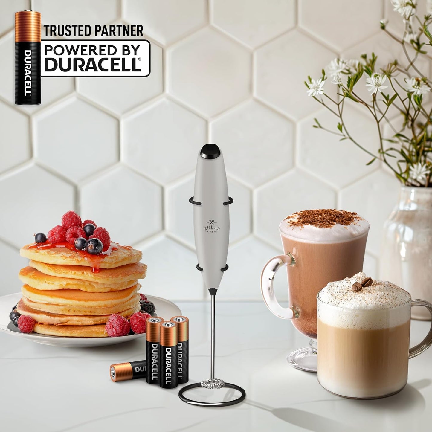 Zulay Kitchen Powerful Milk Frother Wand With Duracell Batteries - Ultra Fast Handheld Drink Mixer - Electric Whisk Foam Maker for Coffee, Lattes, Cappuccino & Matcha - Z1 Motor - Black - Colors B