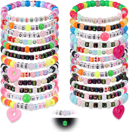 16/24/32Pcs Rave Music Bracelets Set Glow In The Dark EDM Music Stretch Bracelets Multicolor Rave Party Favor for Women Men EDM Party Music Festival
