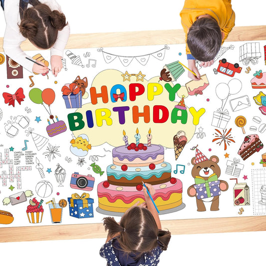 QISOLIY Happy Birthday Coloring Tablecloth for Kids Party, 31 x 71 in Giant Coloring Poster Table Cover, Disposable Large Paper Tablecloth for Birthday Party Games, School, and Classroom Activities