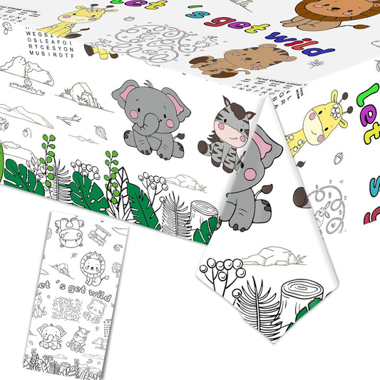 Giant "Let’s Get Wild" Safari Jungle Animal-Themed Coloring Tablecloth - 54"x108" Disposable Paper Zoo Table Cover Poster for Birthday Party Decorations, DIY Creative Activity and Fun Party Favor