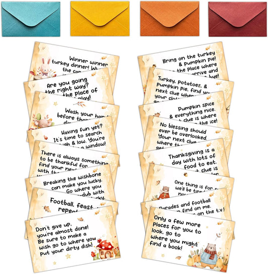 Thanksgiving Party Treasure Clue Hunt Games, Fall Party Decoration Favors, Thanksgiving Scavenger Riddle Hunt Games, Autumn Activities for Friends Family, 16 Cards with Colorful Envelopes 01