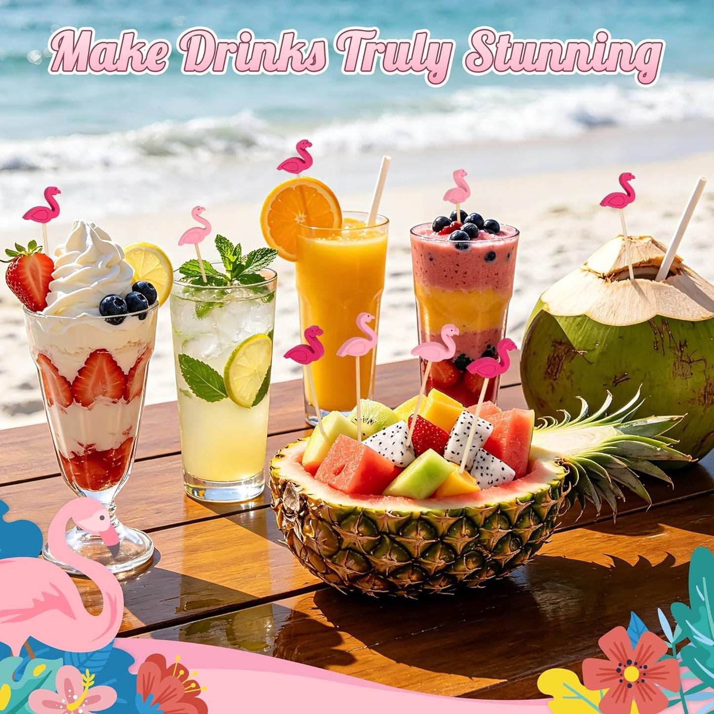 100 Pink Flamingo Cocktail Picks, 4.7 IN Decorative Toothpicks for Appetizers, Bamboo Fruit Skewers Charcuterie Sticks for Food Drinks, Summer Tropical Hawaiian Luau Themed Party Decorations Supplies