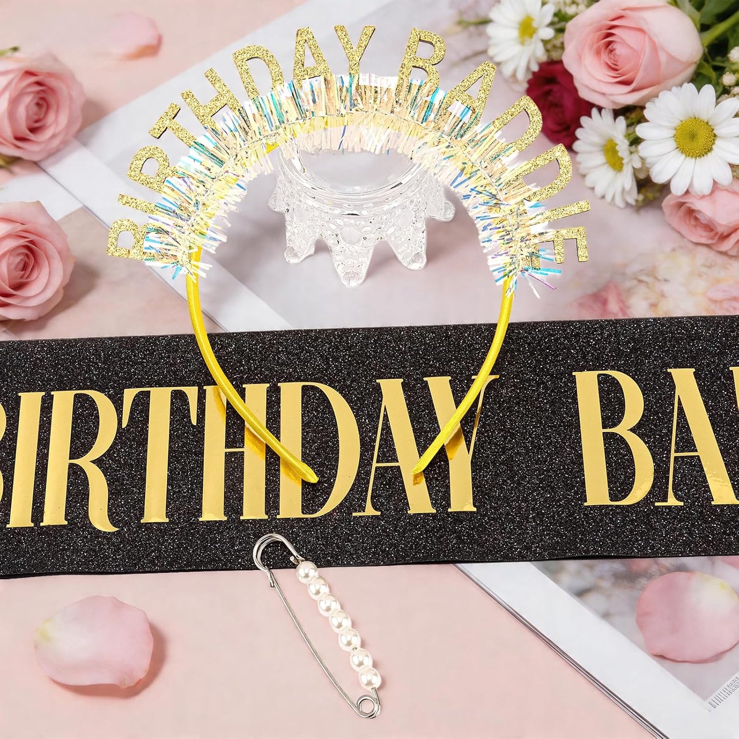 Chanaco Birthday Sash and Headband For Women Birthday Girl Sash Party Decorations Gold and Black Crown Outfit Baddie Accessories Trendy Gifts Dress