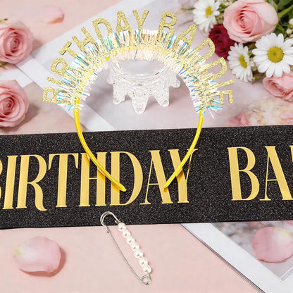 Chanaco Birthday Sash and Headband For Women Birthday Girl Sash Party Decorations Gold and Black Crown Outfit Baddie Accessories Trendy Gifts Dress