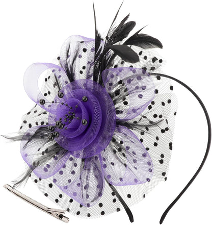 DRESHOW Fascinators Hat Flower Mesh Ribbons Feathers on a Headband and a Clip Tea Party Headwear for Girls and Women - Colors B