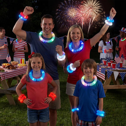 JOYIN 12 PCS 4th of July Red White Blue Glow Sticks & Light Up Pop Tubes, Patriotic Glow Toys Light up Bracelet Necklace, Independence Day Party Favors Supplies for Parade, Camp Games & Activities