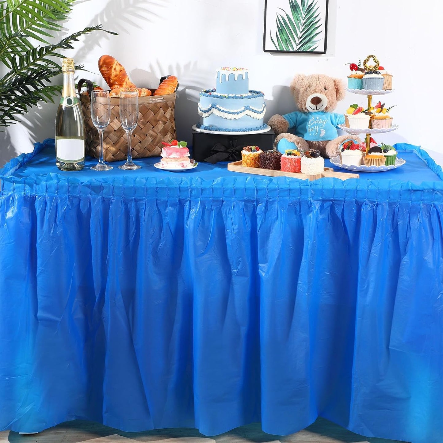 Oudain 6 Pcs Plastic Table Skirts and Stainproof Table Cloths 54 x 108 in Plastic Ruffle Tablecloth 168 x 29 Inches Disposable for Wedding Baby Shower Valentine Spring Easter Party(White)