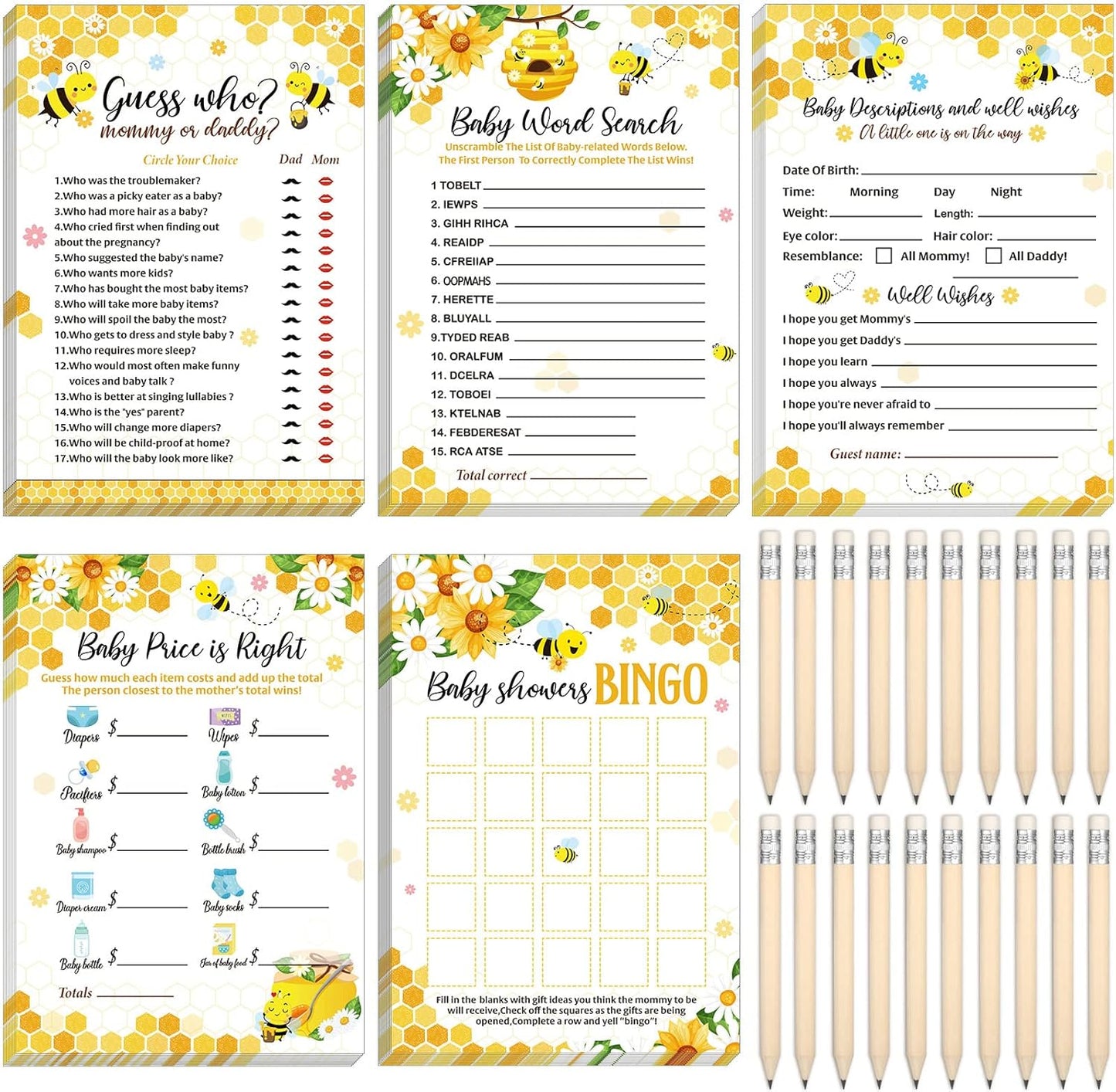 Yinder 145 Pcs Baby Shower Games Activities Cards with 20 Pencils Includes Baby Bingo Description and Wishes Guess Who Price is Right Word Scramble Game(Here Comes the Son)